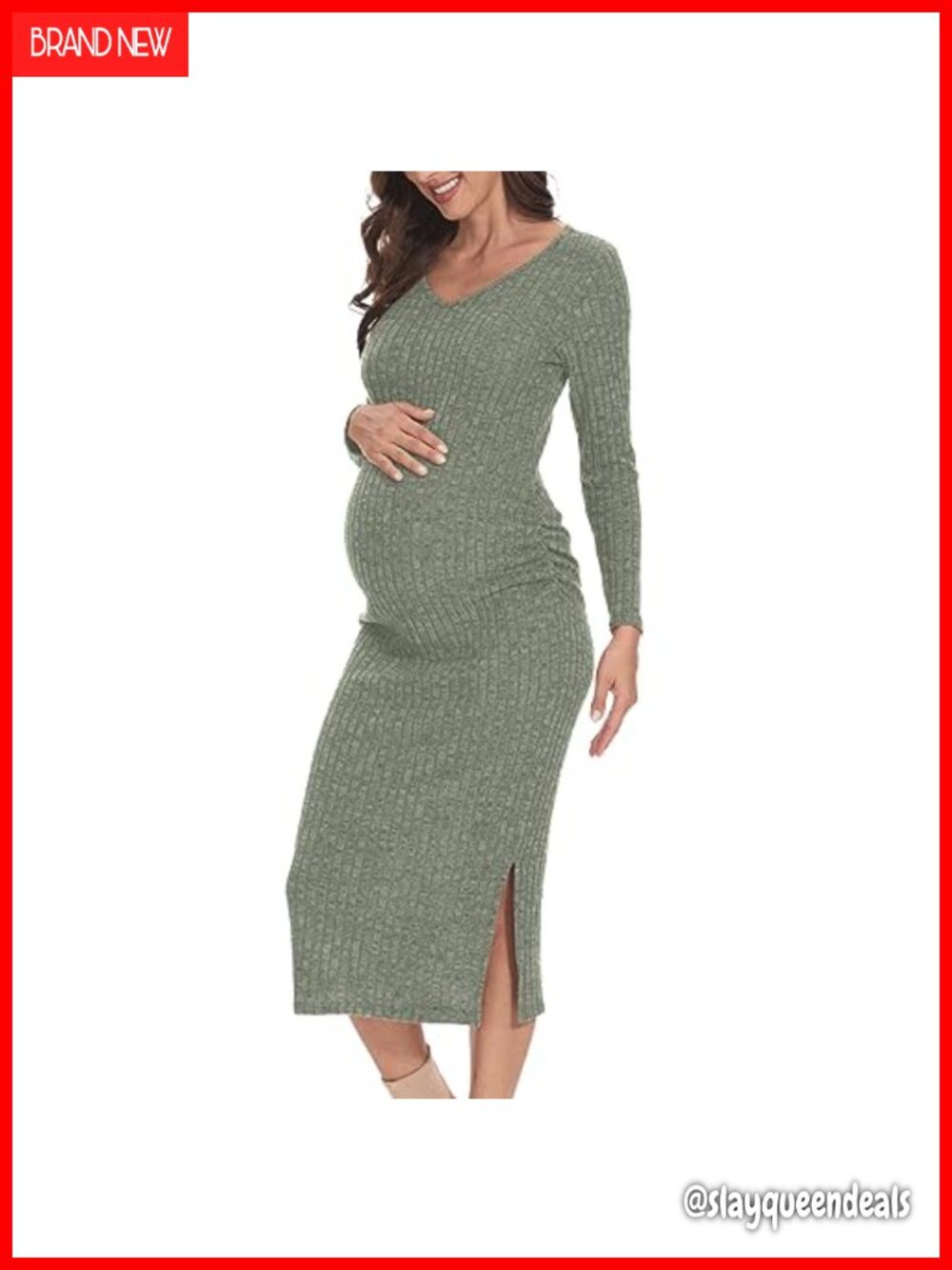 Long Sleeve Maternity Sweater Dress V-Neck Knee-Length Bodycon for Fall Winter